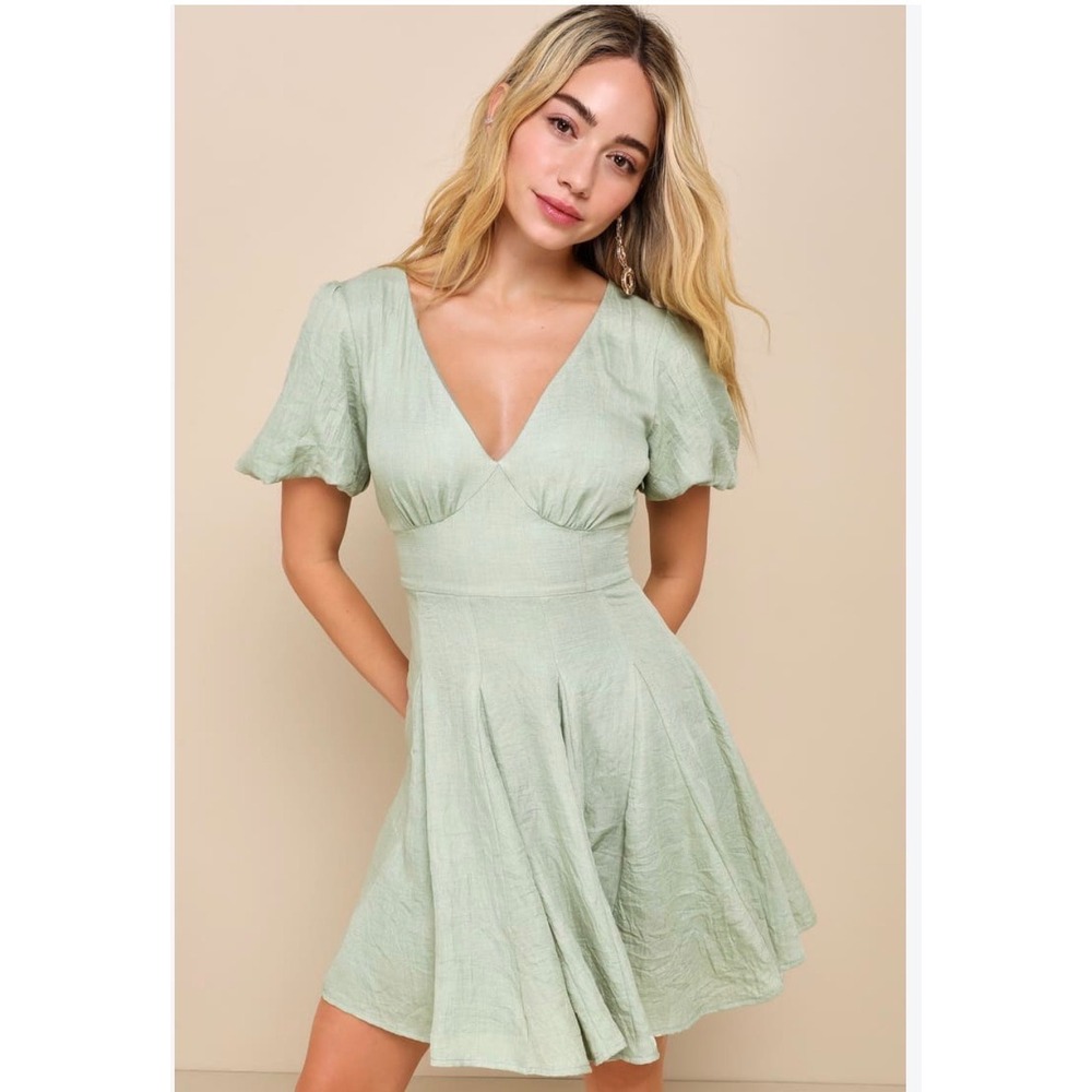Lulus Sweet Wish Sage Green Puff Sleeve Skater Mini Dress XL A-Line